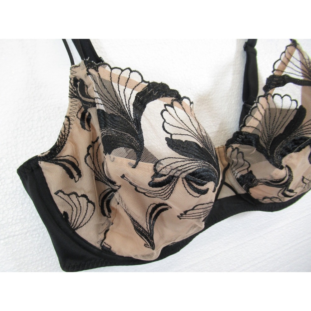 Simone Perele Embroidered Unlined Mesh Bra 36E Underwire Black/Beige 13f320 - Picture 2 of 7